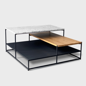 Natadora - Podium coffee table 100 square(Top : 75110 Travertine,Wood top : 06 smoked oak, Leg : 180 Black Metal)W1000xD1000xH360cm