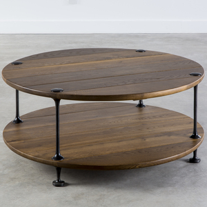 [SD-RB-CT-OLLO-001] Roots & Branch - Ollo Round Coffee Table 2 layers (Top: Seared Oak, Legs: Black cast iron)L90xW90xH38cm